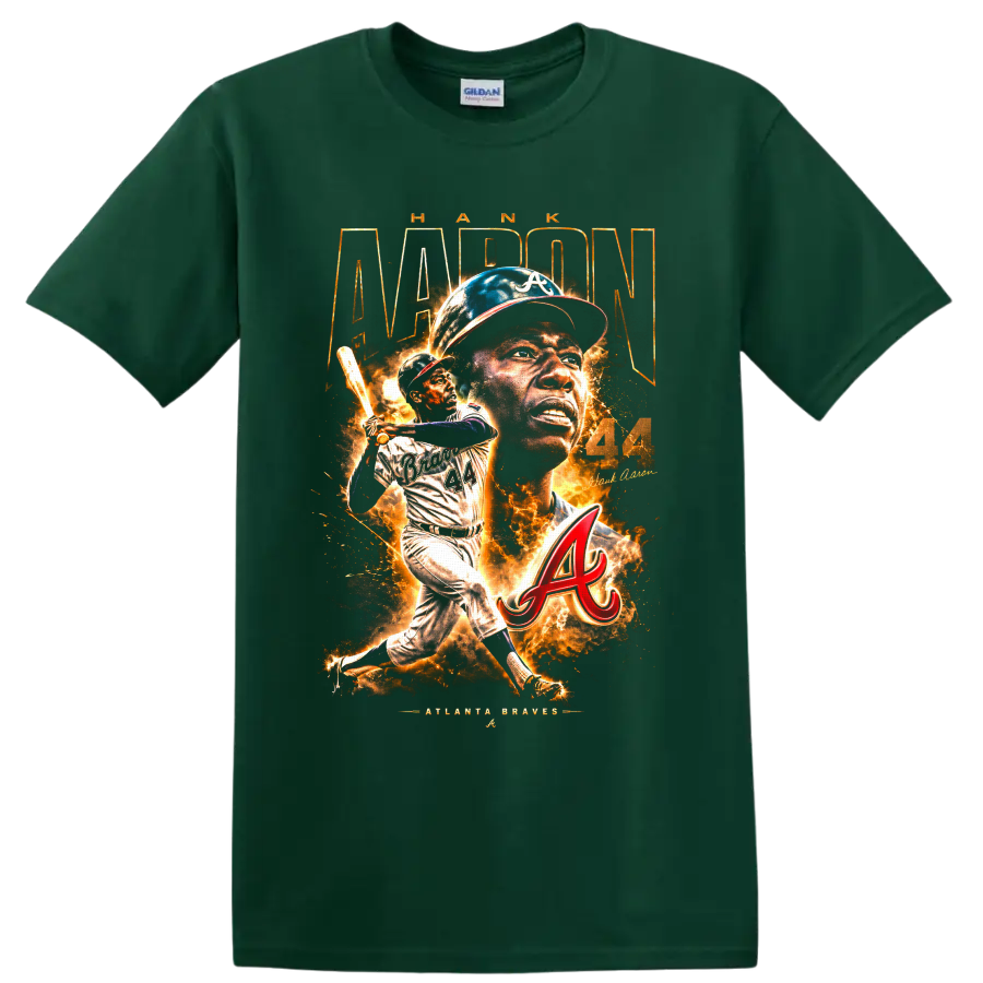 Hank Aaron Atlanta Braves No. 44 portrait and batting action graphic on a Forest Green T Shirt