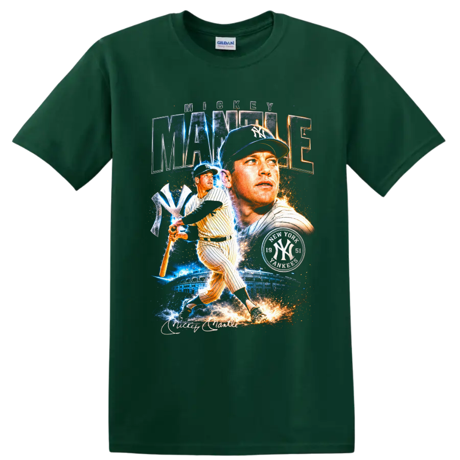 Mickey Mantle New York Yankees portrait and batting collage with MANTLE lettering on a Forest Green T Shirt