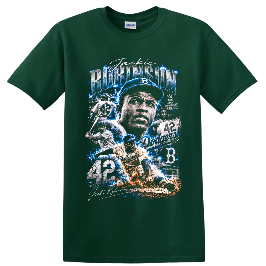 Jackie Robinson Brooklyn Dodgers 42 baseball collage with electric blue action effects on a Forest Green T Shirt