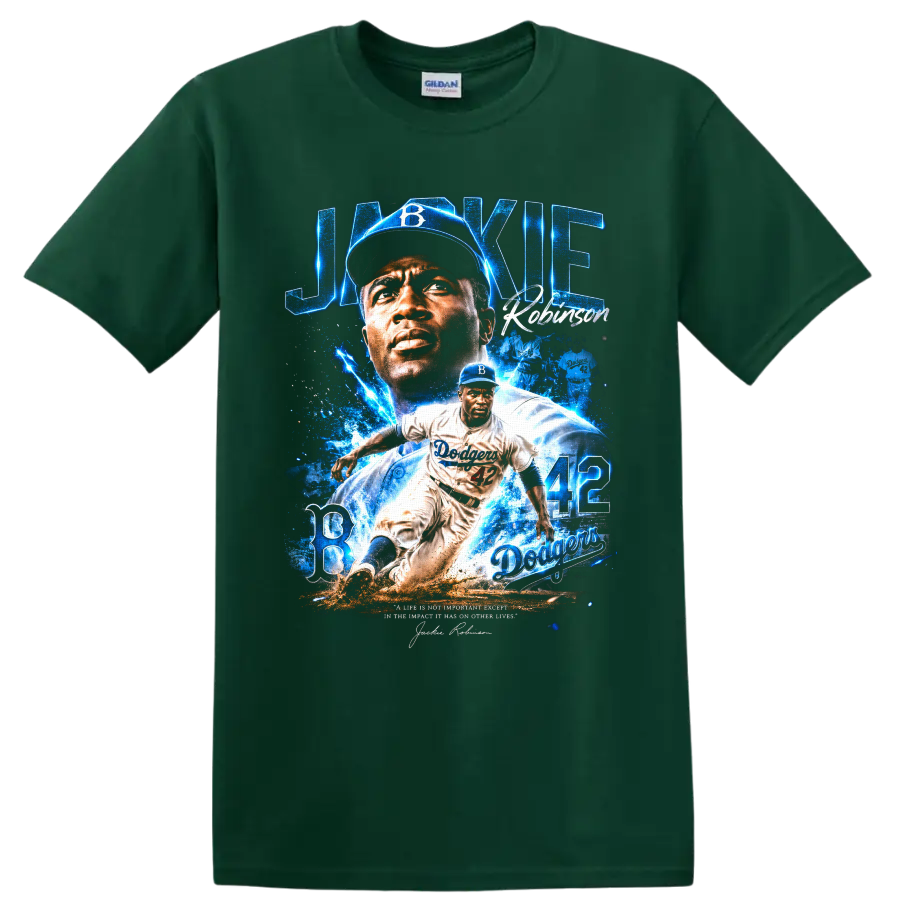 Jackie Robinson Brooklyn Dodgers 42 portrait and action baseball tribute graphic on a Forest Green T Shirt