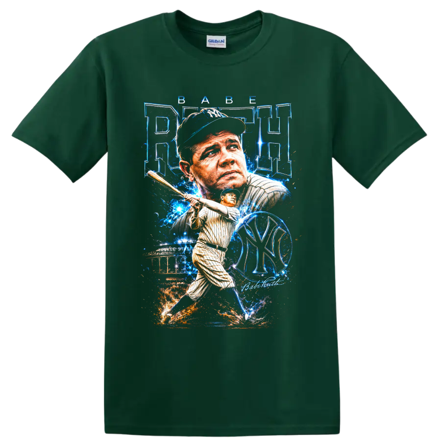 Babe Ruth Yankees baseball portrait and batting graphic with Yankee Stadium on a Forest Green T Shirt