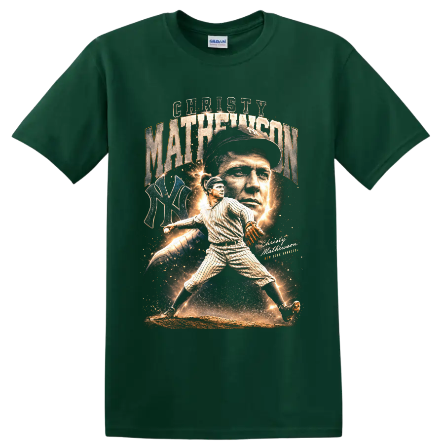 Christy Mathewson vintage baseball collage with pitcher portrait, action pose, and NY on a Forest Green T Shirt