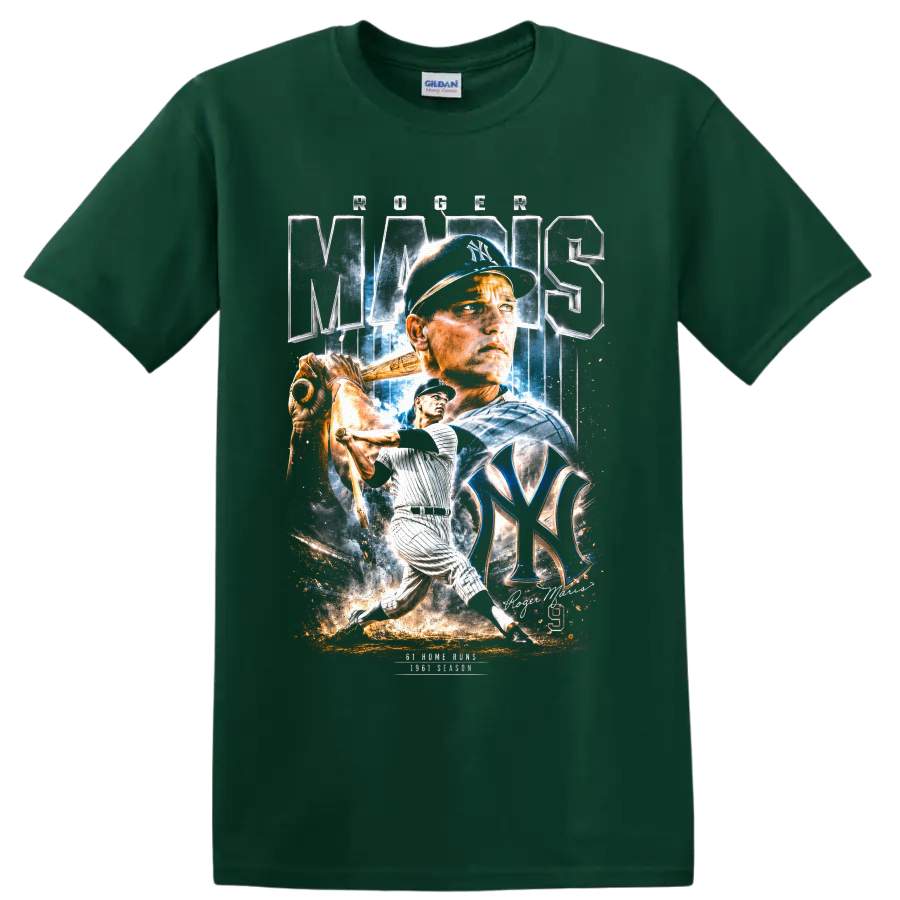 Aaron Judge New York Yankees baseball action portrait graphic with NY emblem on a Forest Green T Shirt