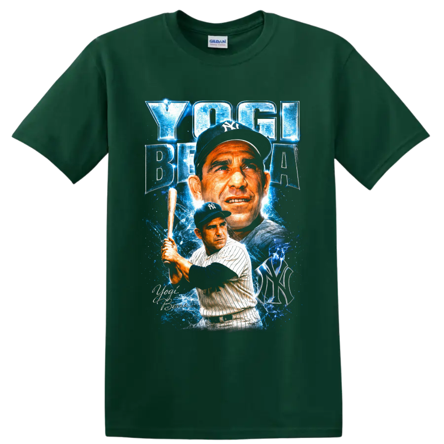 Yogi Berra New York Yankees portrait and batting graphic with blue electric effects on a Forest Green T Shirt