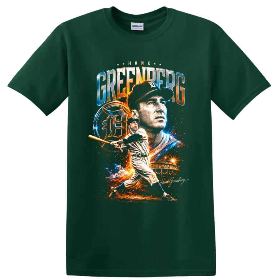 Hank Greenberg Detroit Tigers portrait and batting collage with Briggs Stadium on a Forest Green T Shirt
