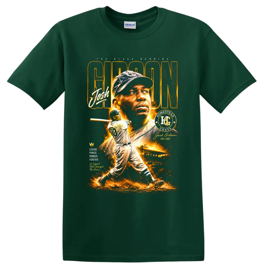 Josh Gibson Homestead Grays portrait and batting tribute in glowing vintage baseball style on a Forest Green T Shirt