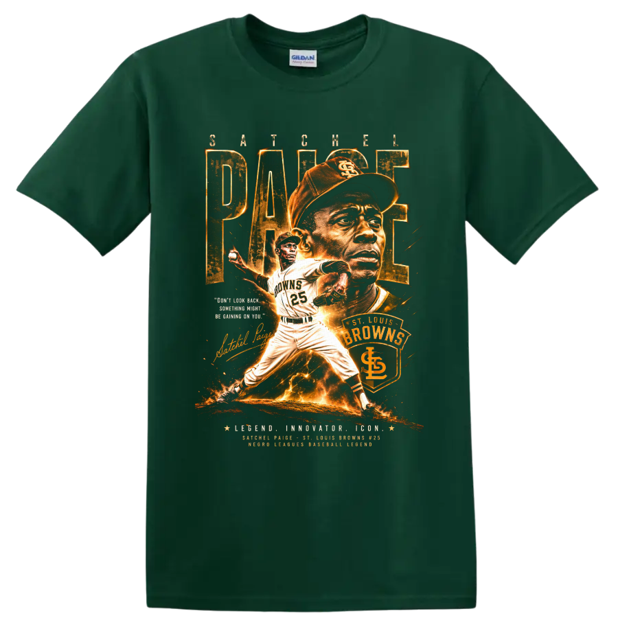 Satchel Paige St. Louis Browns pitcher portrait and action vintage baseball graphic on a Forest Green T Shirt