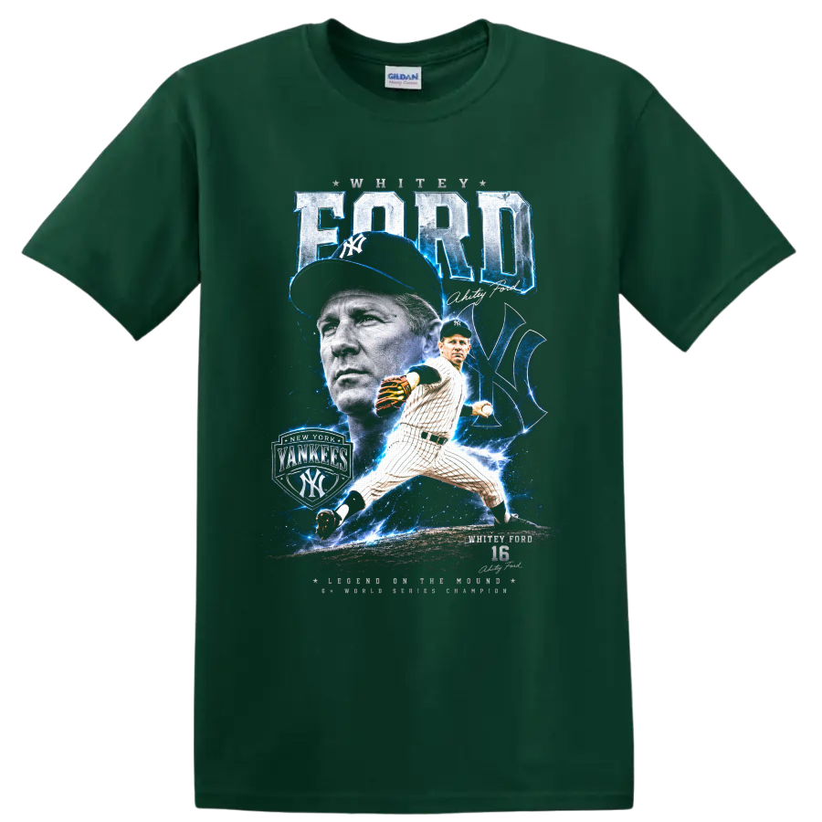 Whitey Ford New York Yankees pitcher portrait and action graphic with number 16 on a Forest Green T Shirt