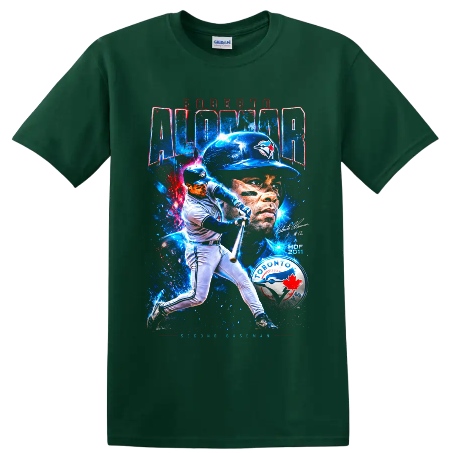 Roberto Alomar Toronto Blue Jays batting and portrait collage with Hall of Fame text on a Forest Green T Shirt