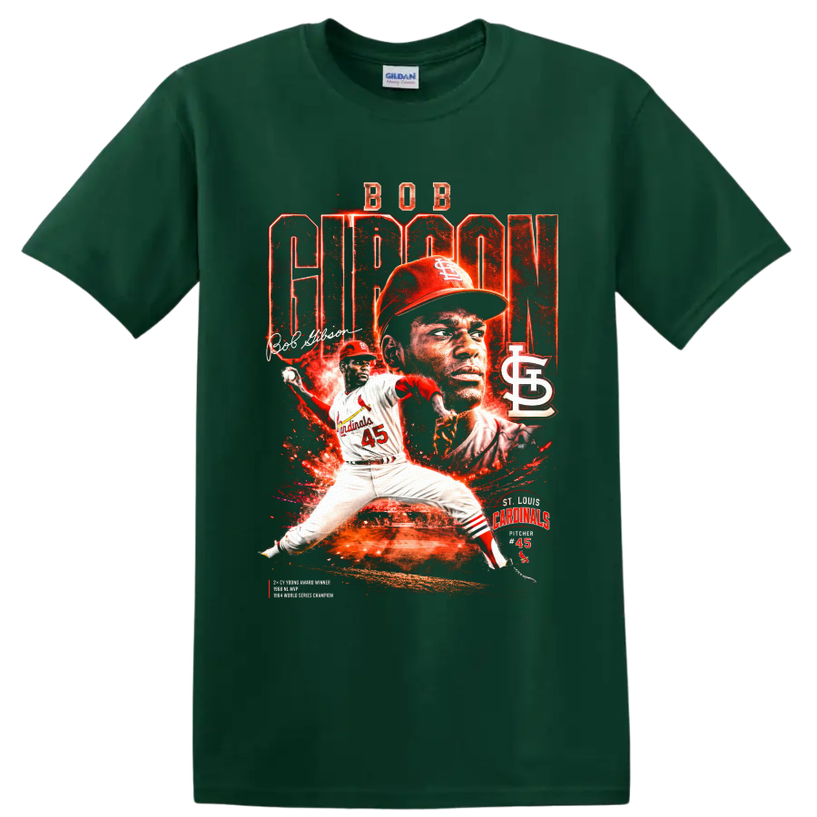 Bob Gibson Cardinals pitcher 45 in fiery distressed baseball collage with STL logo on a Forest Green T Shirt