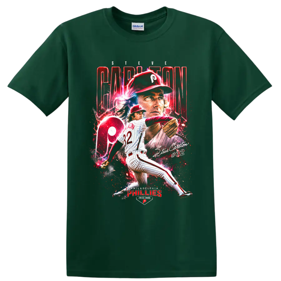 Steve Carlton #32 Philadelphia Phillies pitcher in dramatic red vintage poster art on a Forest Green T Shirt