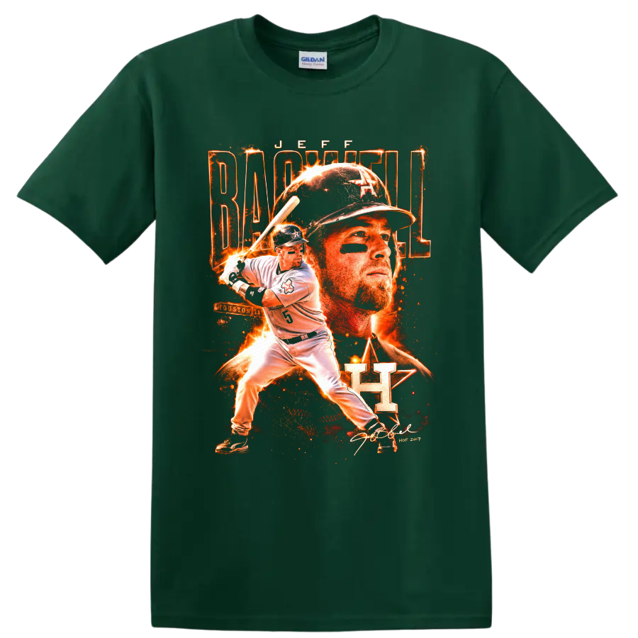 Jeff Bagwell Houston baseball portrait and batting action in fiery vintage poster style on a Forest Green T Shirt