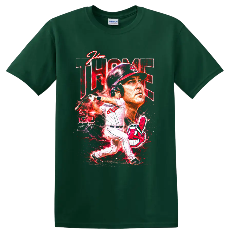 Jim Thome Cleveland Indians batting portrait with number 25 and red lightning graphic on a Forest Green T Shirt