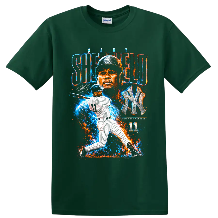 Gary Sheffield Yankees portrait and batting graphic with NY emblem and number 11 on a Forest Green T Shirt