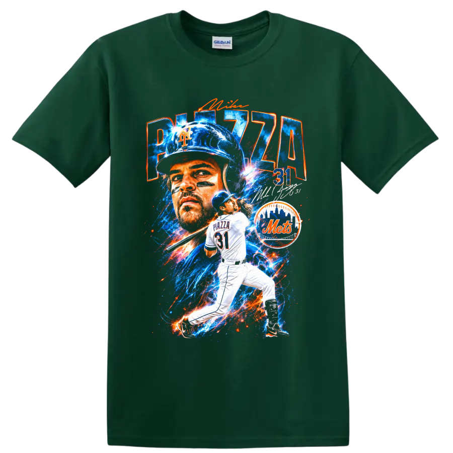 Mike Piazza New York Mets catcher No. 31 in electric blue-and-orange baseball collage on a Forest Green T Shirt