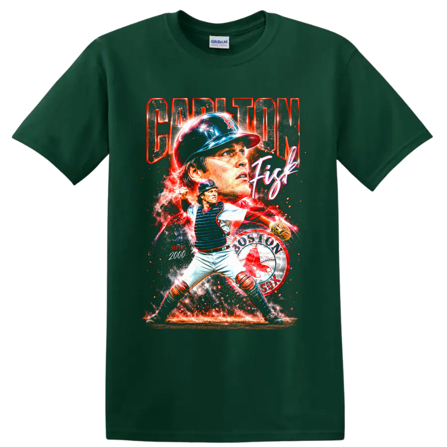 Carlton Fisk Boston Red Sox catcher collage with Captain Fisk and HOF 2000 text on a Forest Green T Shirt