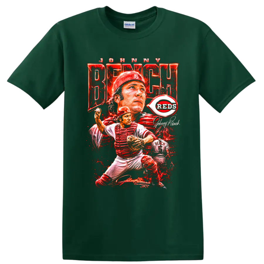 Johnny Bench Cincinnati Reds catcher collage with No. 5 and distressed red poster art on a Forest Green T Shirt