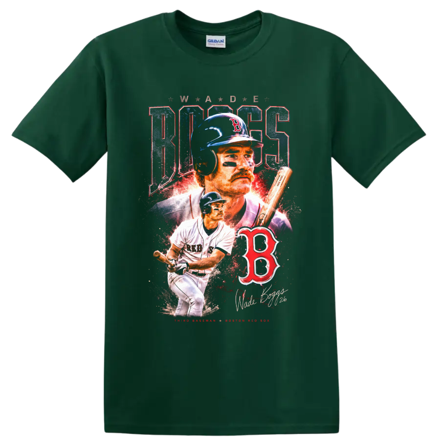 Wade Boggs Boston Red Sox vintage baseball collage with batting pose and number 26 on a Forest Green T Shirt