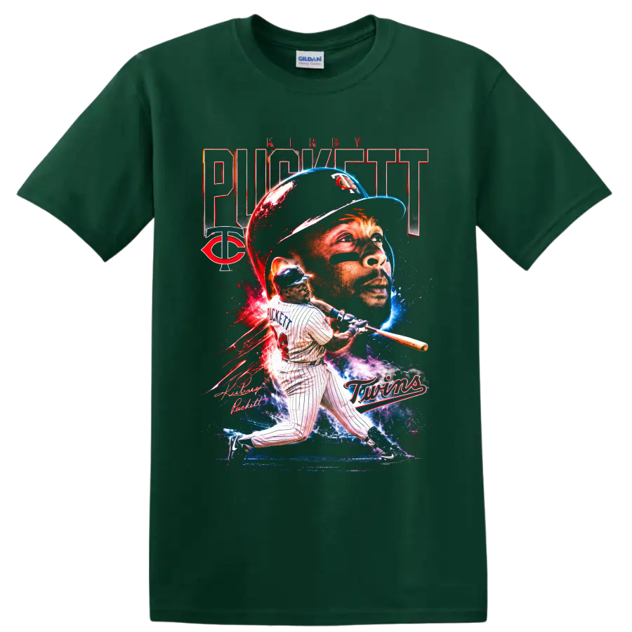 Kirby Puckett Minnesota Twins portrait and batting graphic with number 34 and TC emblem on a Forest Green T Shirt