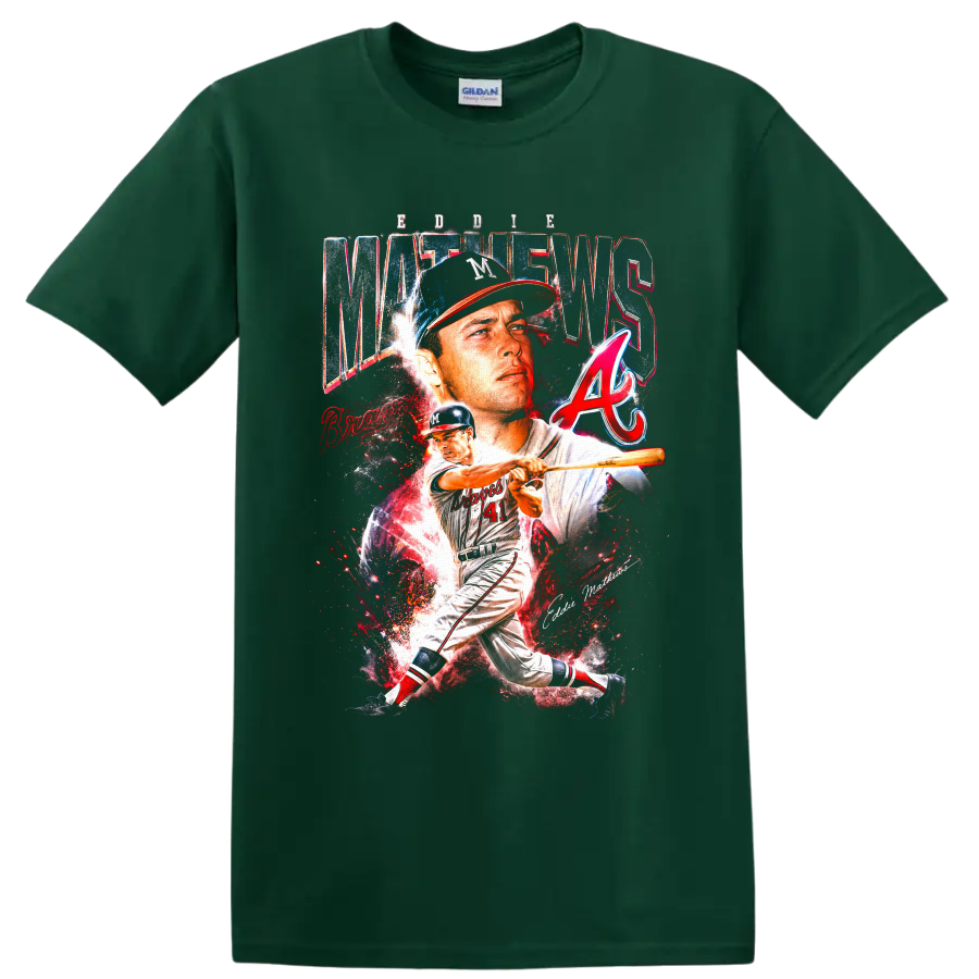 Eddie Mathews Milwaukee Braves portrait and batting action baseball collage on a Forest Green T Shirt
