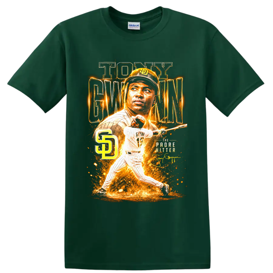 Tony Gwynn Padres batting portrait graphic with SD monogram and The Padre Hitter text on a Forest Green T Shirt