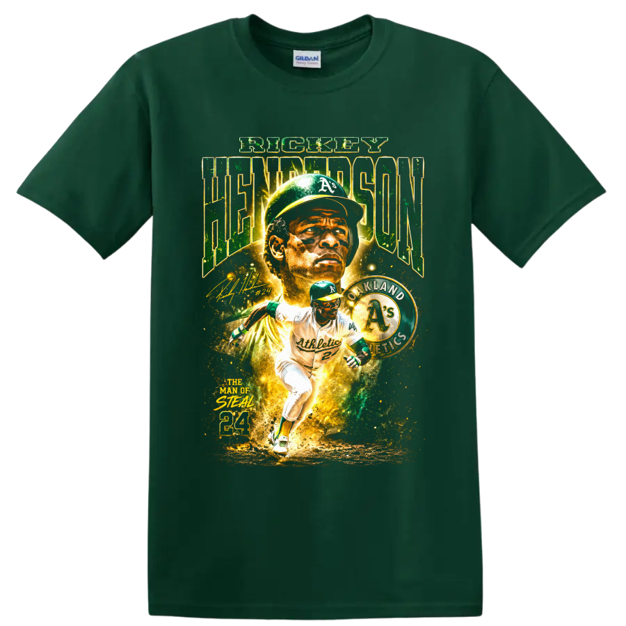 Rickey Henderson Oakland Athletics collage with Man of Steal and 24 text on a Forest Green T Shirt