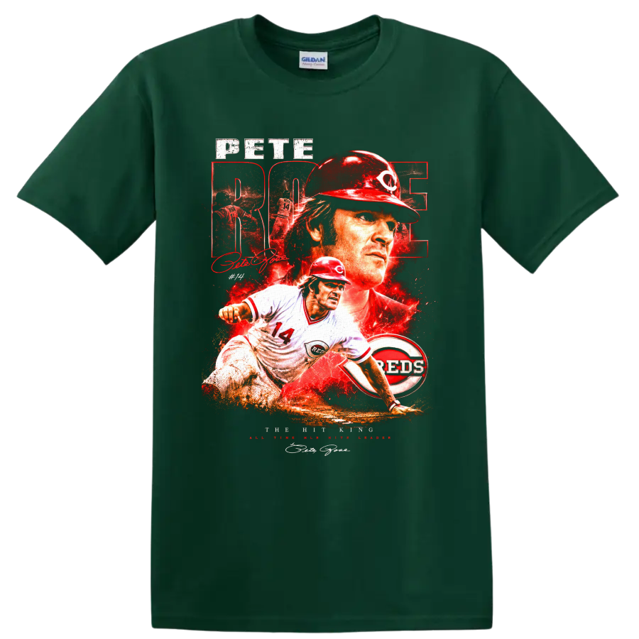 Pete Rose Cincinnati Reds Hit King distressed baseball collage with number 14 action art on a Forest Green T Shirt