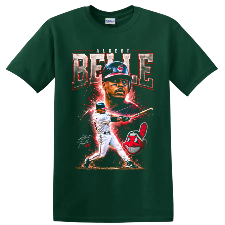 Albert Belle Cleveland Indians baseball poster collage with batting action and lightning on a Forest Green T Shirt