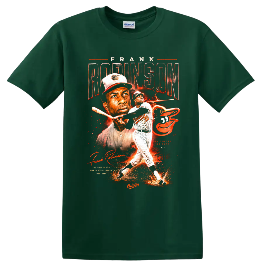 Frank Robinson Baltimore Orioles vintage baseball portrait and batting graphic on a Forest Green T Shirt