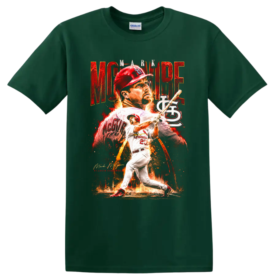 Mark McGwire St. Louis Cardinals batting collage with MCGWIRE text on a Forest Green T Shirt