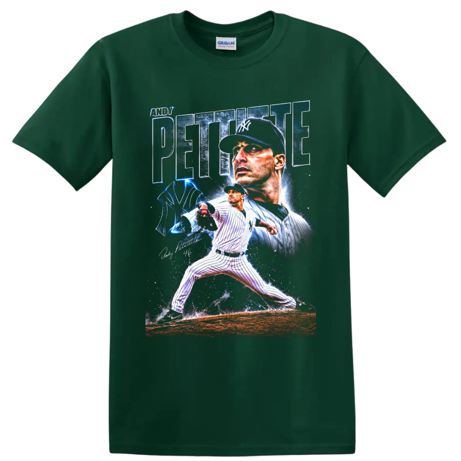 Andy Pettitte Yankees pitcher portrait and pitching action graphic with number 46 on a Forest Green T Shirt