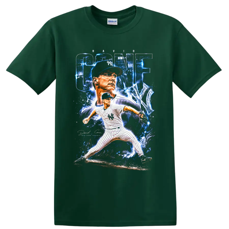 David Cone New York Yankees pitcher with electric blue CONE graphic and pitching pose on a Forest Green T Shirt