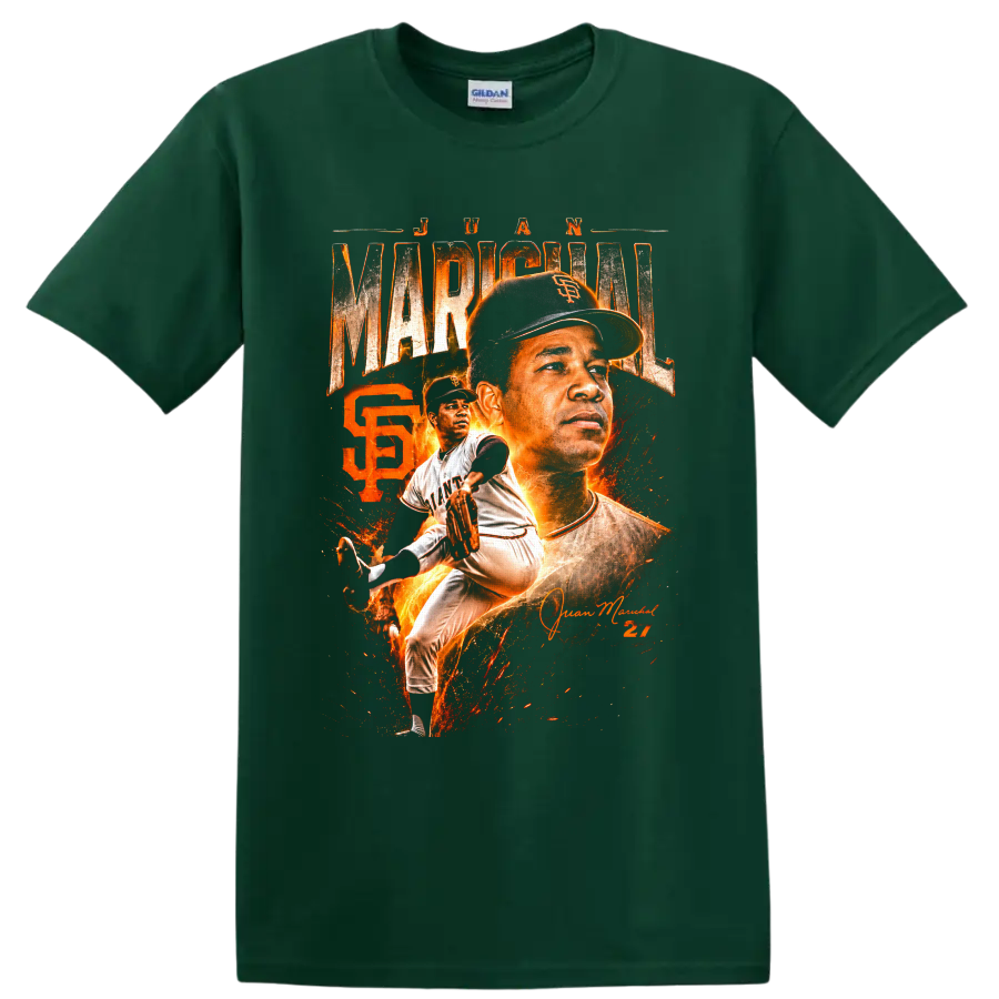 Juan Marichal Giants pitcher portrait and action graphic with fiery number 27 on a Forest Green T Shirt