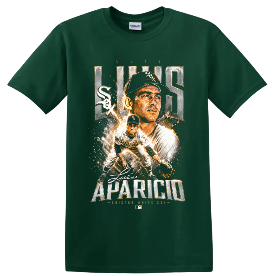 Luis Aparicio Chicago White Sox vintage baseball portrait and fielding graphic on a Forest Green T Shirt
