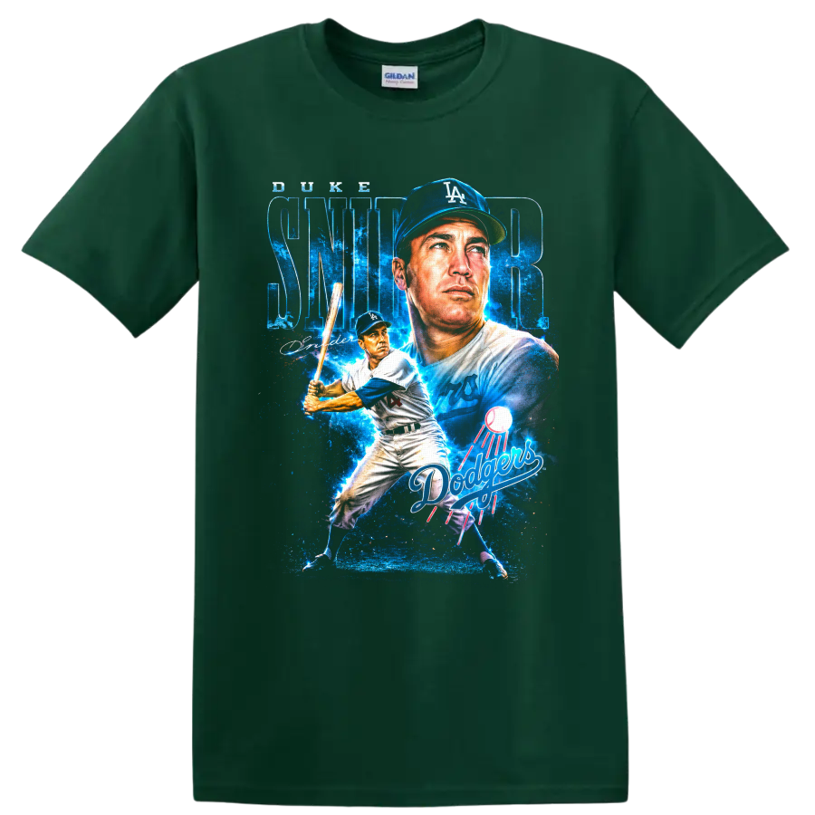 Duke Snider Los Angeles Dodgers portrait and batting collage with SNIDER lettering on a Forest Green T Shirt
