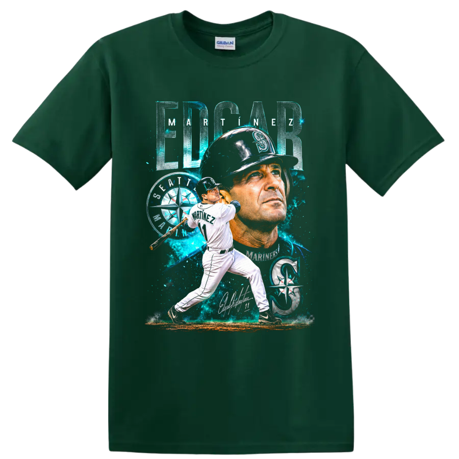 Edgar Martínez Seattle Mariners portrait and batting graphic with number 11 on a Forest Green T Shirt
