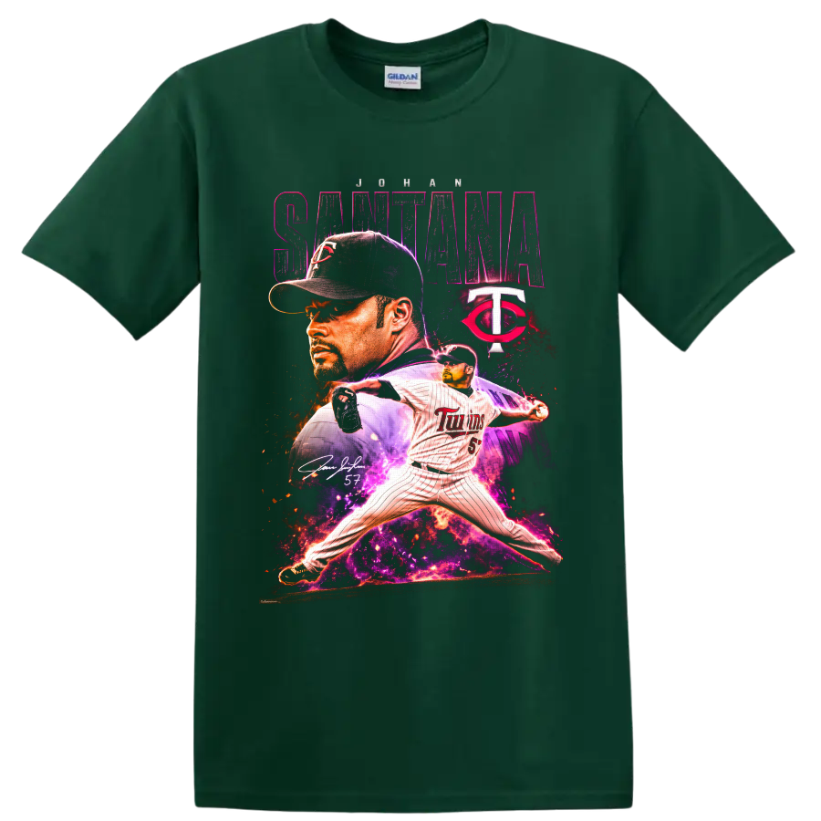 Johan Santana Minnesota Twins pitcher portrait and action graphic with number 57 on a Forest Green T Shirt