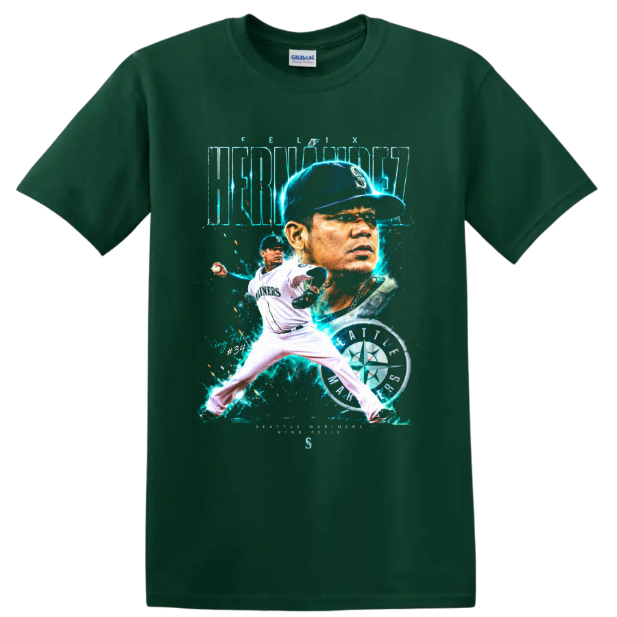 Félix Hernández Seattle Mariners portrait and pitching graphic with King Félix No. 34 on a Forest Green T Shirt