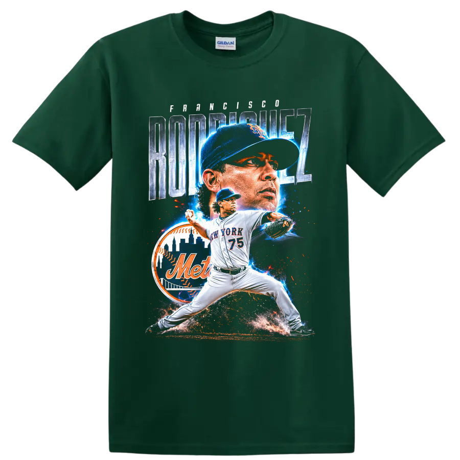 Francisco Rodríguez Mets pitcher action graphic with number 75 and New York skyline on a Forest Green T Shirt