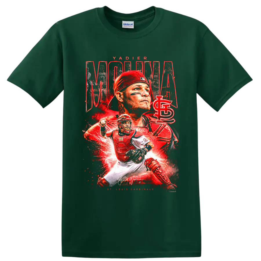 Yadier Molina St. Louis Cardinals catcher collage with red energy effects on a Forest Green T Shirt