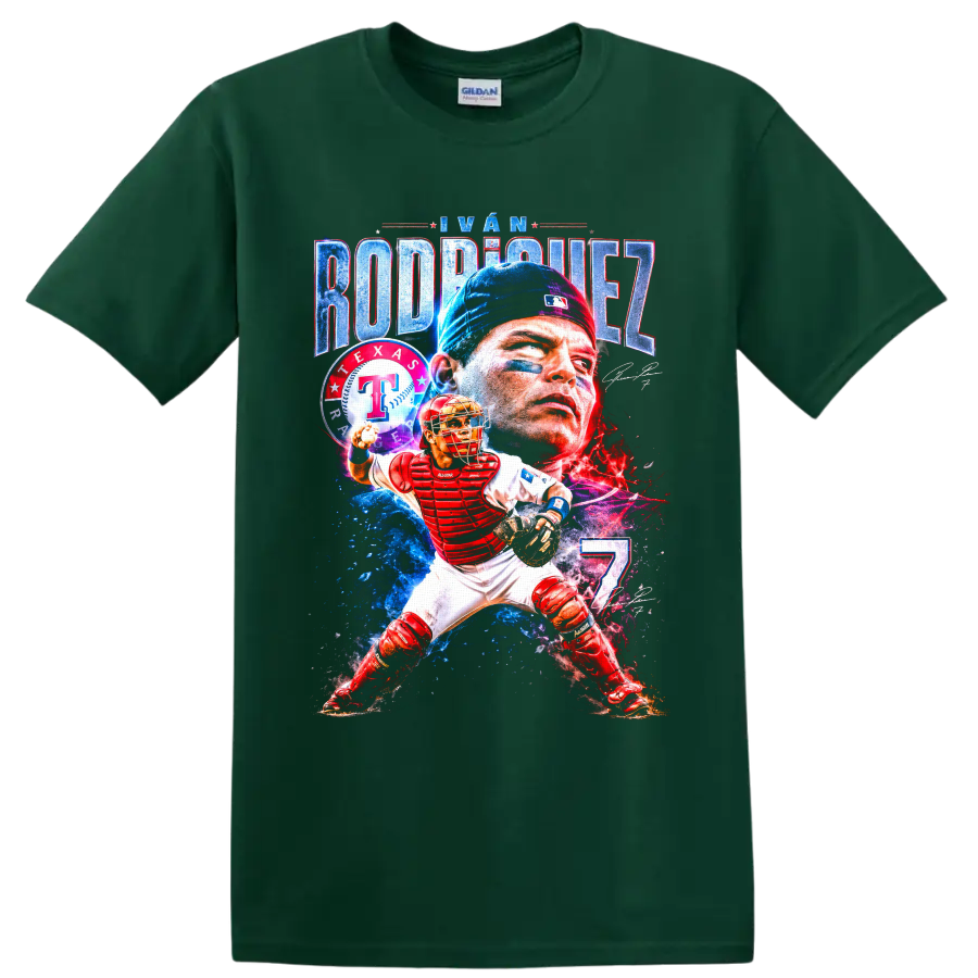 Iván Rodríguez Texas Rangers catcher portrait and action graphic with number 7 on a Forest Green T Shirt