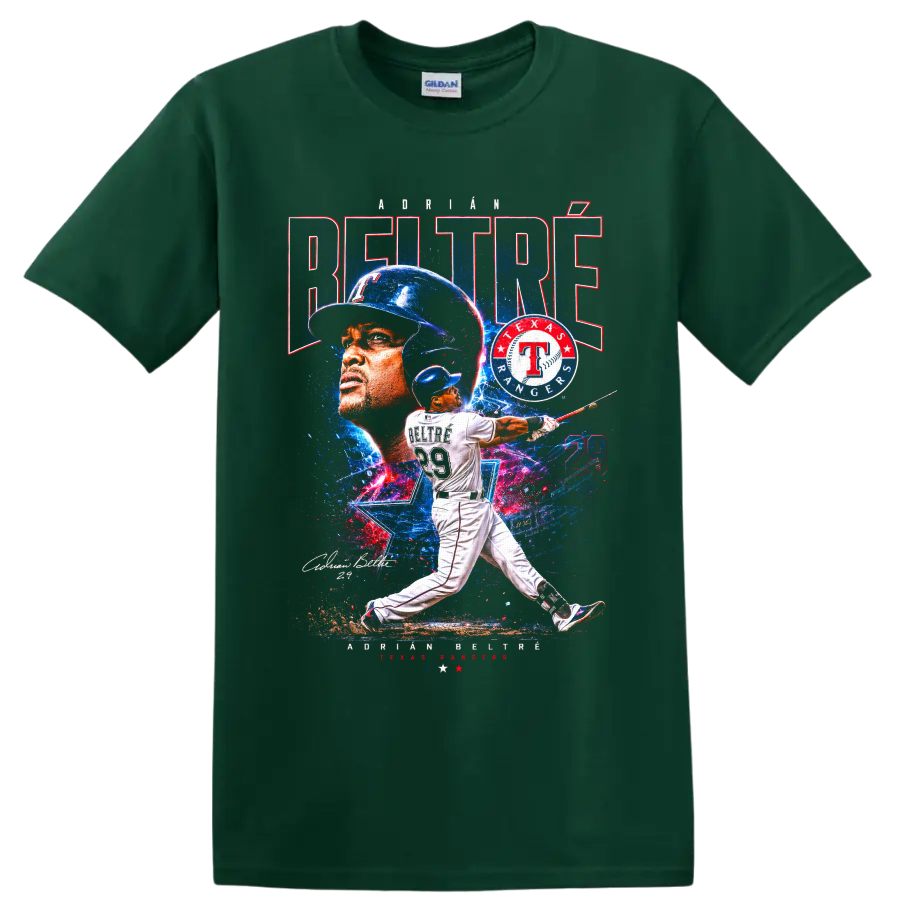 Adrián Beltré Texas Rangers batting collage with number 29 and distressed team graphics on a Forest Green T Shirt