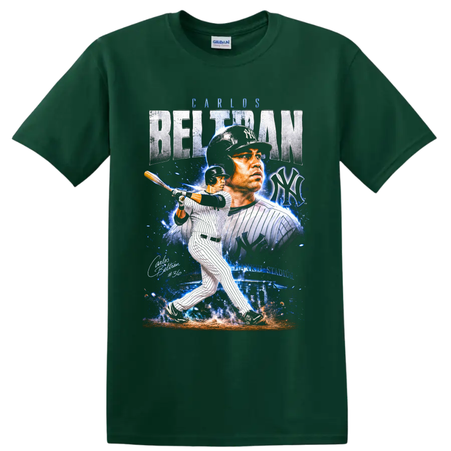 Carlos Beltrán Yankees pinstripe batting collage with BELTRAN text, NY emblem, and #36 on a Forest Green T Shirt