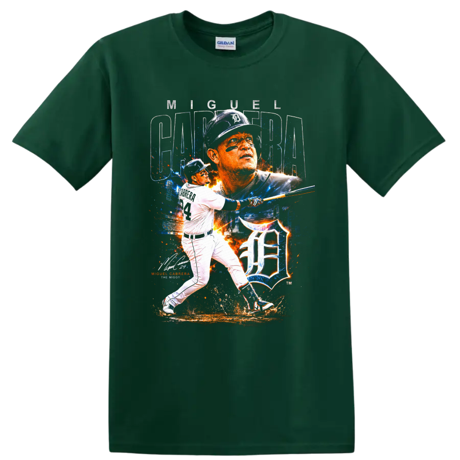 Miguel Cabrera Detroit Tigers batting portrait with Old English D splatter graphic on a Forest Green T Shirt