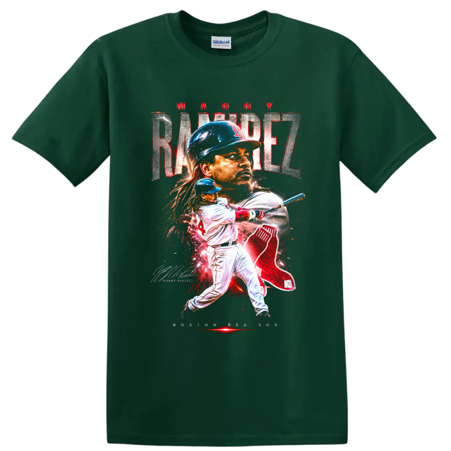 Manny Ramirez Boston Red Sox portrait and batting graphic with number 24 on a Forest Green T Shirt