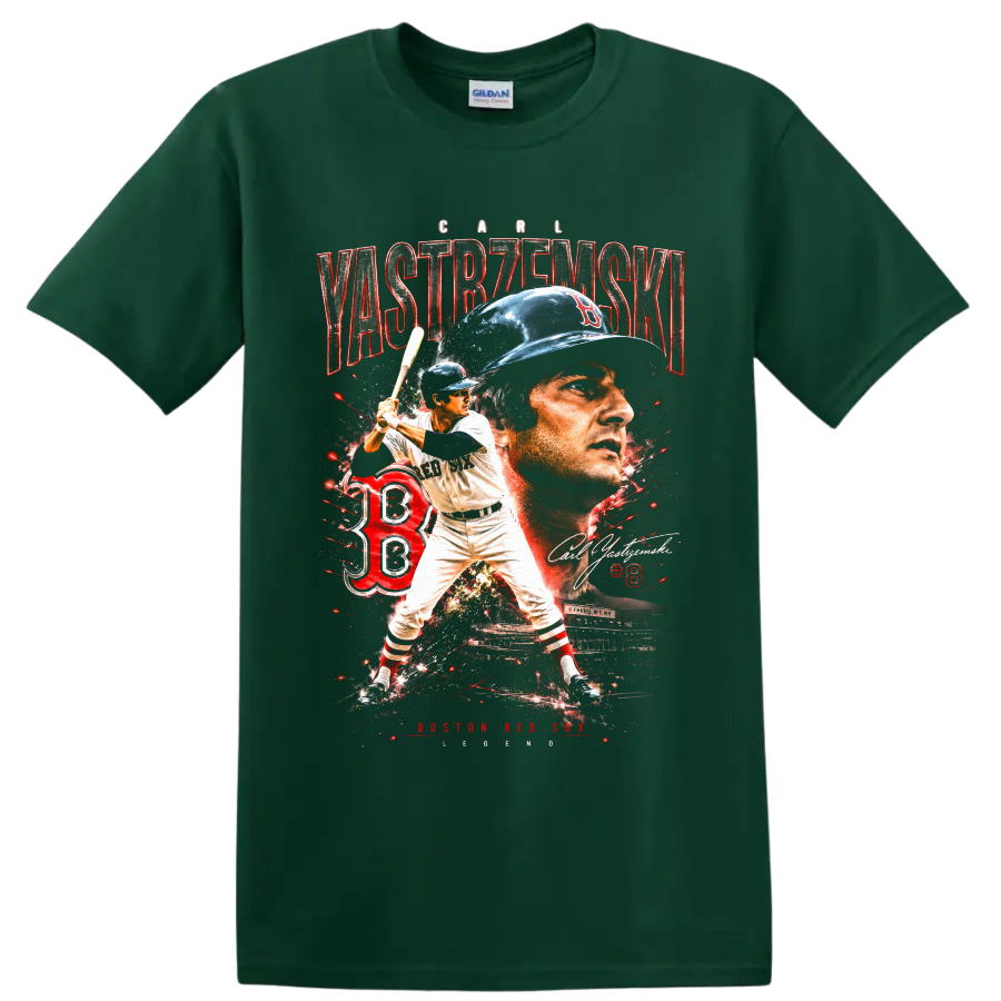 Carl Yastrzemski Boston Red Sox portrait and batting action vintage collage on a Forest Green T Shirt