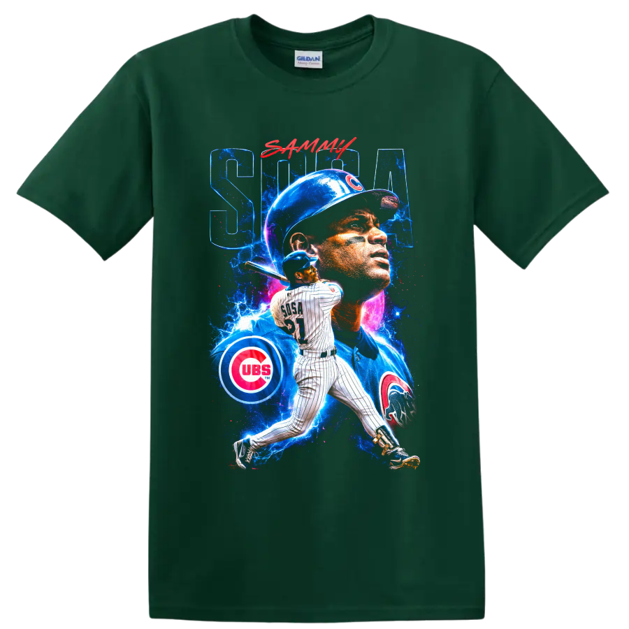 Sammy Sosa Chicago Cubs batting portrait collage with electric blue cosmic splashes on a Forest Green T Shirt