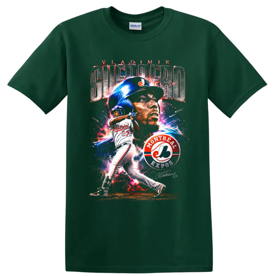 Vladimir Guerrero Montreal Expos portrait and batting graphic with number 27 on a Forest Green T Shirt