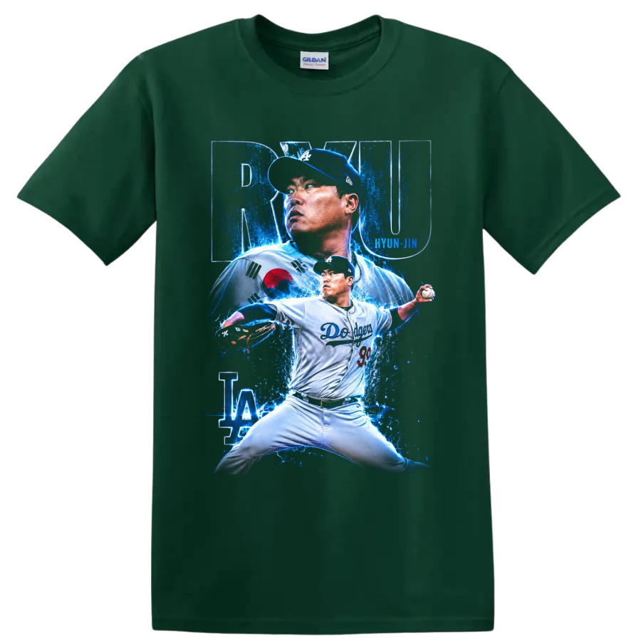 Hyun Jin Ryu Dodgers pitcher collage with Korean flag and electric blue splashes on a Forest Green T Shirt