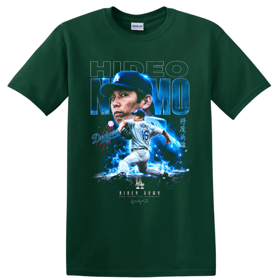 Hideo Nomo Dodgers pitcher portrait and number 16 action graphic on a Forest Green T Shirt